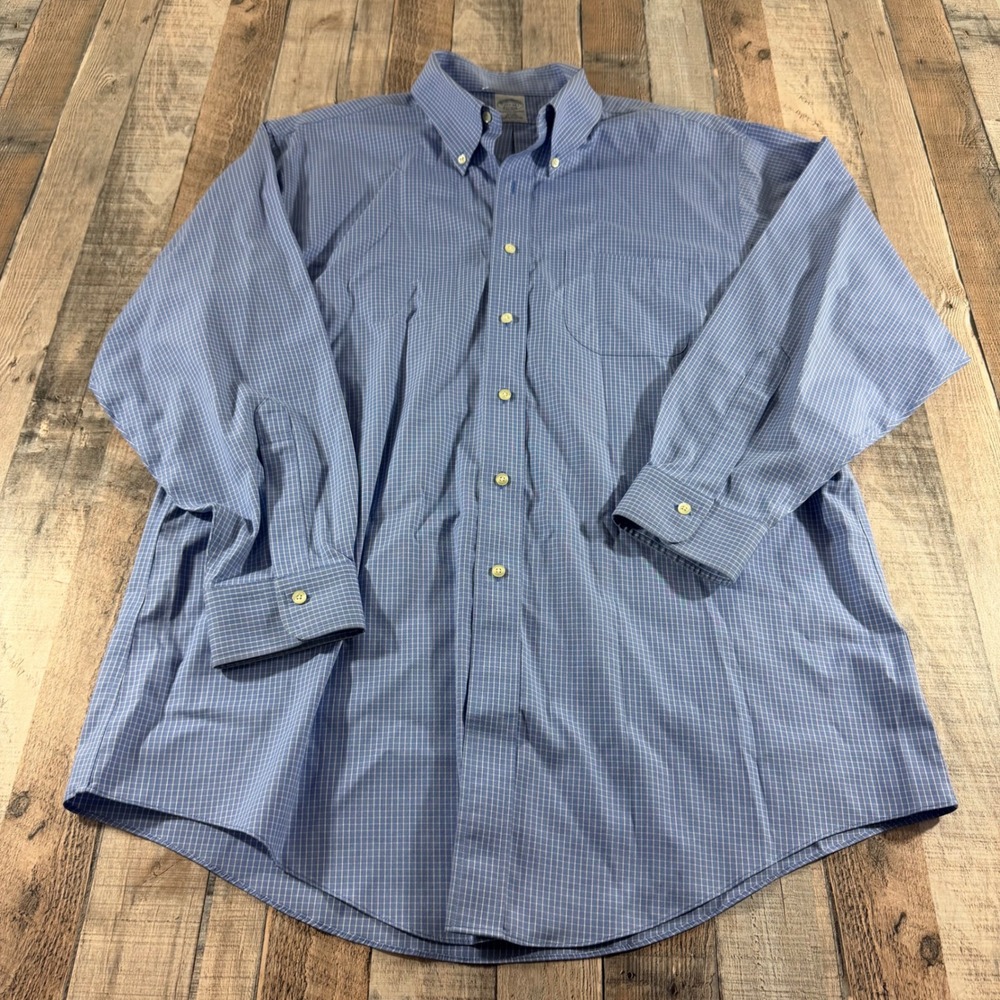 Brooks Brothers Shirt Mens 17.5 34 Blue Check Slim Fit Non-Iron Office Preppy